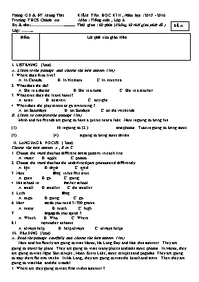 Đề kiểm tra môn Tiếng Anh Lớp 6 học kỳ II năm học 2015-2016 - Trường THCS Chánh An - Phòng GD & ĐT Mang Thít (Kèm đáp án)