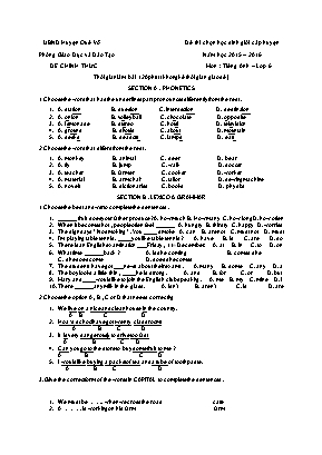 Đề thi chọn học sinh giỏi cấp Huyện môn Tiếng Anh Lớp 6 năm học 2015 - 2016 - Phòng GD & ĐT Huyện Quế Võ