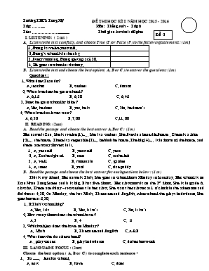 Đề thi môn Tiếng Anh Lớp 6 học kỳ I năm học 2015-2016 - Đề số 2 - Trường THCS Long Mỹ