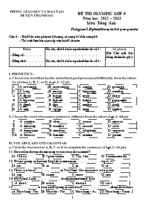 Đề thi Olympic môn Tiếng Anh Lớp 6 năm học 2012-2013 - Phòng GD & ĐT Huyện Thanh Oai (Kèm đáp án)