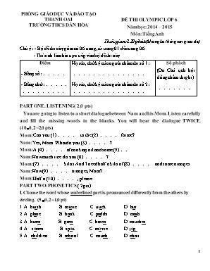 Đề thi Olympic môn Tiếng Anh Lớp 6 năm học 2014-2015 - Trường THCS Dân Hòa - Phòng GD & ĐT Thanh Oai