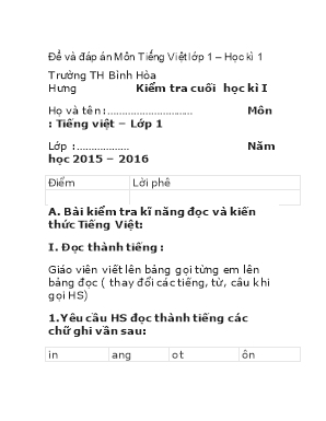 Đề và đáp án Môn Tiếng Việt lớp 1 – Học kì 1 