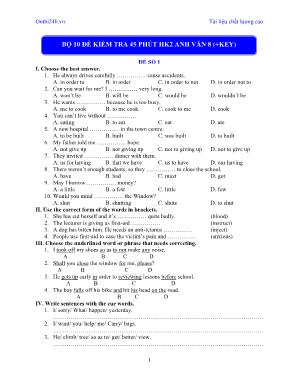 Bộ 10 đề kiểm tra một tiết môn Anh Văn Lớp 8 học kỳ II (Có đáp án)