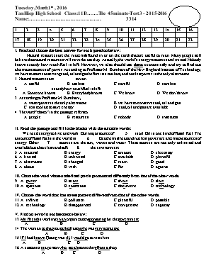 Bài kiểm tra môn Tiếng Anh Lớp 11 năm học 2015-2016 - Mã đề 3314 - 3423 - 4334 - 4343 - Trường THPT Tân Hiệp