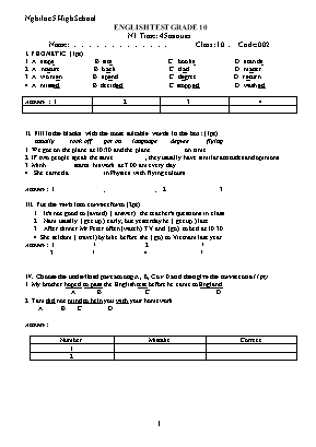 Bài kiểm tra một tiết môn Tiếng Anh Lớp 10 - Trường Trung học phổ thông Nghi Lộc 5