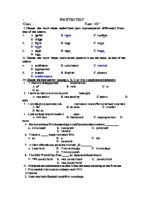 Bài tập kiểm tra một tiết môn Tiếng Anh Lớp 10 (Có đáp án)