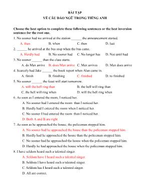 Bài tập môn Tiếng Anh Lớp 11 - Ôn tập về câu đảo ngữ