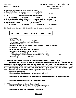 Đề kiểm tra chất lượng đầu vào môn Tiếng Anh Lớp 8 năm học 2015-2016