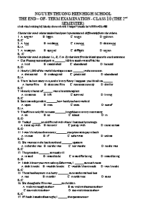 Đề kiểm tra cuối học kỳ môn Tiếng Anh Lớp 10 năm học 2015-2016 - Trường Trung học phổ thông Nguyễn Thượng Hiền