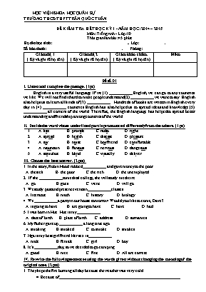 Đề kiểm tra hết học kỳ I môn Tiếng Anh Lớp 10 năm học 2014-2015 - Trường THCS-THPT Trần Quốc Toản