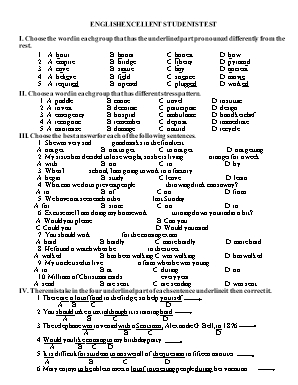 Đề kiểm tra học sinh giỏi môn Anh Văn Lớp 8 (Có đáp án)