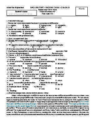 Đề kiểm tra môn Anh Văn Lớp 10 học kỳ II năm học 2015-2016 - Mã đề 546-456-321-123- Trường THPT Minh Phú