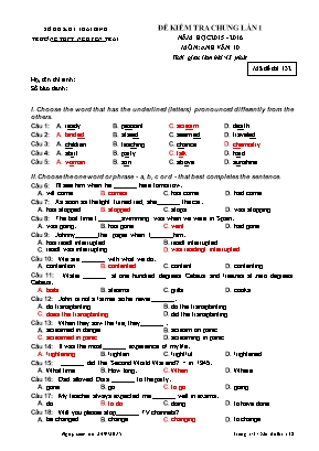 Đề kiểm tra môn Anh Văn Lớp 10 năm học 2015-2