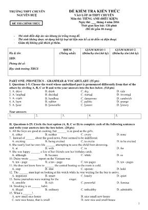 Đề kiểm tra môn Tiếng Anh (Điều kiện) - Kiểm tra kiến thức vào Lớp 10 THPT Chuyên - Trường THPT Chuyên Nguyễn Huệ
