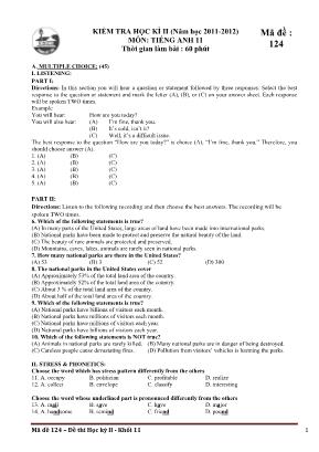 Đề kiểm tra môn Tiếng Anh Lớp 11 học kỳ II năm học 2011-2012 - Mã đề 124 - Trường THPT Gia Định