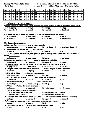 Đề kiểm tra một tiết môn Tiếng Anh Lớp 10 học kỳ II năm học 2015-2016 - Trường THPT số I Nghĩa Hành