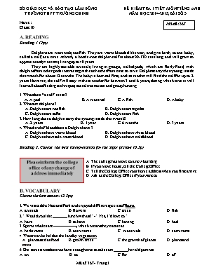 Đề kiểm tra một tiết môn Tiếng Anh Lớp 10 năm học 2014-2015 - Đề số 367 - Sở GD & ĐT Lâm Đồng