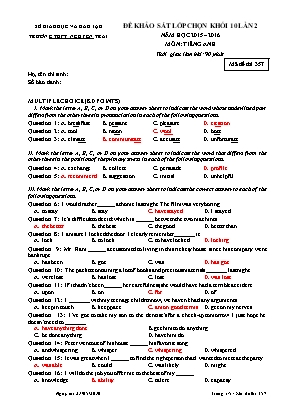 Đề thi khảo sát môn Tiếng Anh Lớp 10 năm học 2015-2016 - Lần 2 - Mã đề 357 - Trường THPT Nguyễn Trãi