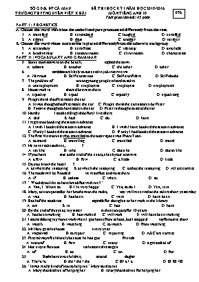 Đề thi môn Tiếng Anh Lớp 10 học kỳ I năm học 2015-2016 - Mã đề 076 - Trường THPT Nguyễn Việt Khái