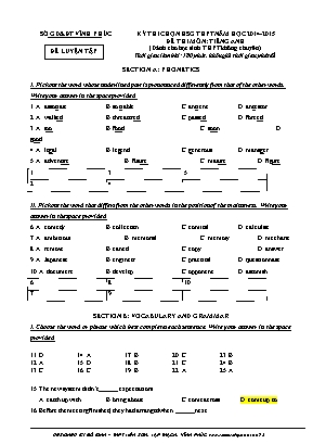 Đề thi môn Tiếng Anh Lớp 11 - Kỳ thi chọn học sinh giỏi THPT năm học 2014-2015 - Đỗ Bình - Sở GD & ĐT Vĩnh Phúc