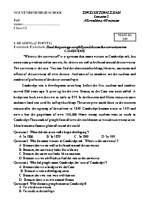 Đề thi môn Tiếng Anh Lớp 12 - Kiểm tra cuối học kỳ I năm học 2014-2015 - Mã đề 209 - Trường THPT Nguyễn Bình