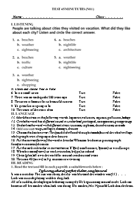 Bài kiểm tra một tiết môn Tiếng Anh Lớp 6 - Năm học 2013-2014 - Bài số 4
