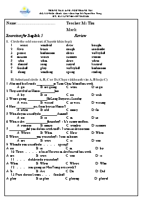 Đề thi môn Tiếng Anh Lớp 5 - Học kỳ II năm học 2015-2016