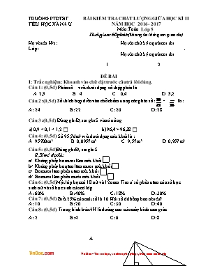 Bài kiểm tra chất lượng giữa học kì môn Toán Lớp 5 - Năm học 2016-2017