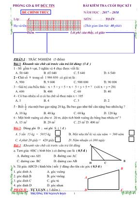 Bài kiểm tra cuối học kì I môn Toán Lớp 4 - Năm học 2017-2018 - Trường Tiểu học Ngoan Đạo