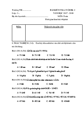 Bài kiểm tra cuối học kỳ 2 môn Toán Lớp 3 - Năm học 2017-2018