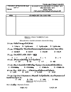 Bài kiểm tra định kì cuối học kì I môn Toán Khối 5 - Năm học 2018-2019