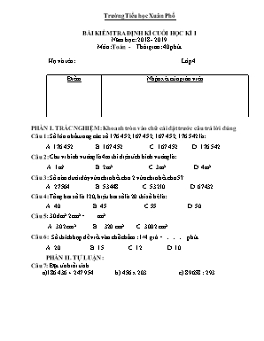 Bài kiểm tra định kì cuối học kì I môn Toán Lớp 4 - Năm học 2018-2019 - Trường Tiểu học Xuân Phổ