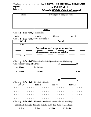 Bài kiểm tra định kì cuối môn Toán Lớp 3 - Năm học: 2016-2017