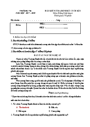 Bài kiểm tra định kỳ cuối kì I môn Tiếng Việt, Toán Lớp 4 - Năm học 2017-2018