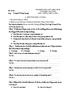 Bài kiểm tra giữa học kì II môn Tiếng Việt Lớp 4 - Năm học 2017-2018 - Trường Tiểu học Hồng Quang