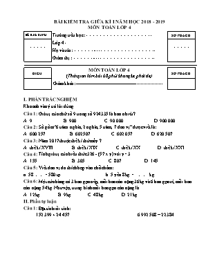 Bài kiểm tra giữa kì i  môn Toán - Lớp 4 - Năm học 2018-2019