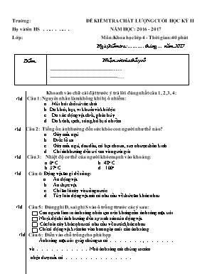 Đề kiểm tra chất lượng cuối học kỳ II môn Khoa học Lớp 4 - Năm học 2016-2017