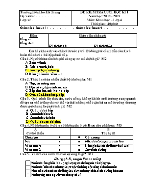 Đề kiểm tra cuối học kì I môn Khoa học Lớp 4 - Năm học: 2018-2019
