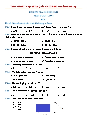 Đề kiểm tra cuối học kì I môn Toán Lớp 4 - Đề 3 - Nguyễn Văn Quyền