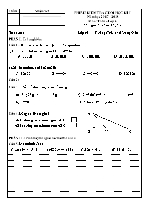 Đề kiểm tra cuối học kì I môn Toán Lớp 4 - Nă