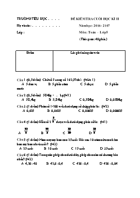 Đề kiểm tra cuối học kì II môn Toán 5 - Năm học: 2016-2017
