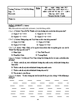 Đề kiểm tra cuối học kỳ I môn Lịch Sử & Địa lí Lớp 5 - Năm học 2017-2018 - Trường Tiểu học “A” Mỹ Hội Đông