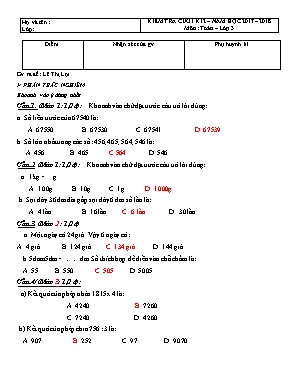 Đề kiểm tra cuối kì 2 môn Toán Lớp 3 - Năm học 2017-2018