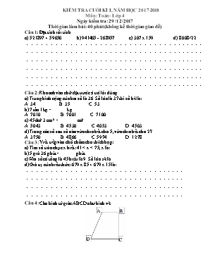 Đề kiểm tra cuối kì I môn Toán Lớp 4 - Năm học 2017-2018
