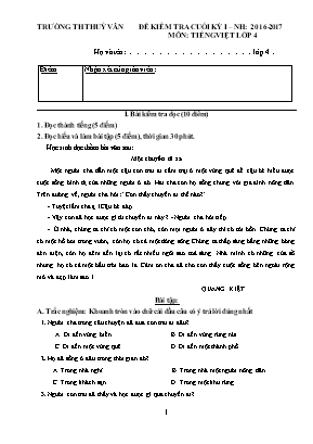 Đề kiểm tra cuối kỳ I môn Tiếng Việt Lớp 4 - Năm học 2016-2017 - Trường Tiểu học Thủy Vân