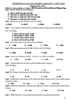 Đề kiểm tra cuối năm cho học sinh lớp 3 môn Toán - Năm học 2016-2017