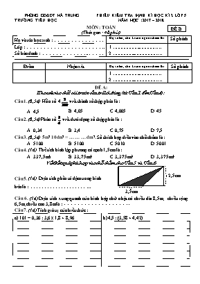 Đề kiểm tra định kì học kì 2 môn Toán Lớp 5 - Năm học: 2017-2018 - Đề B