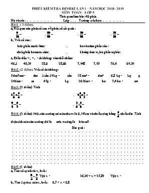Đề kiểm tra định kì lần 1 môn Toán Lớp 5 - Năm học 2018-2019