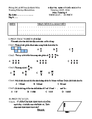 Đề kiểm tra định kỳ cuối học kỳ II môn Toán Lớp 4 - Năm học 2015-2016 - Trường Tiểu học Hoành Sơn