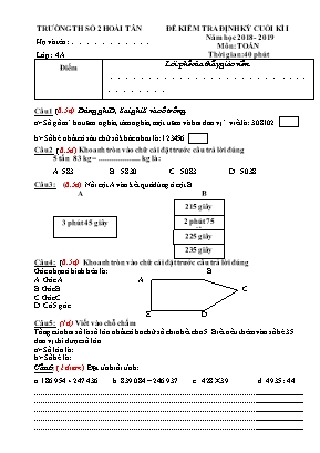 Đề kiểm tra định kỳ cuối kì I môn Toán Lớp 4 - Năm học 2018 -2019 - Trường Tiểu học Số 2 Hoài Tân